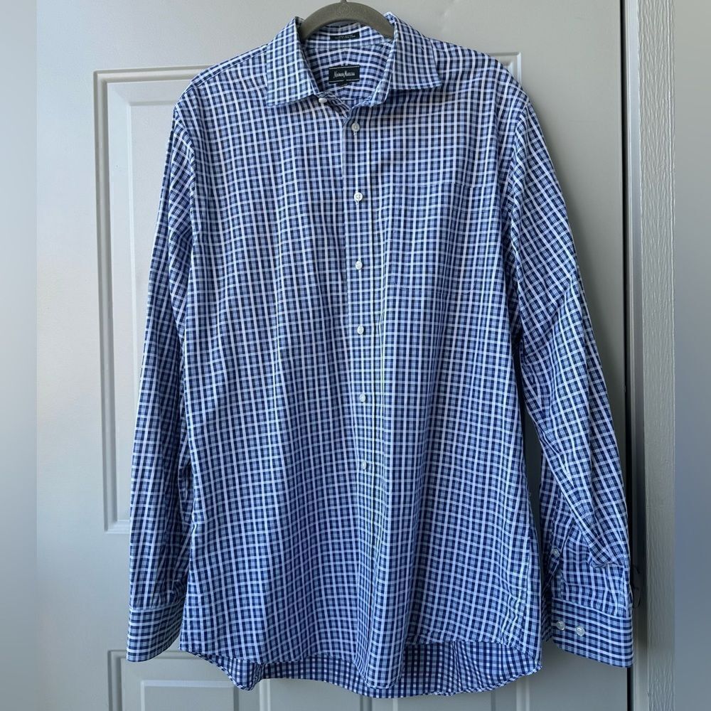 Neiman Marcus Men’s Button Down Shirt 16 1/2 36/37 Blue Plaid Cotton Casual